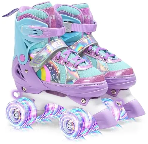 OLYSPM Patines 4 Ruedas niña niños 4 Tamaño Ajustable Ruedas iluminadas,Patines niña Principiantes, (Morado,M)