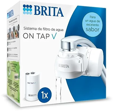 BRITA ON TAP V Sistema de filtro de agua, incluye 1 cartucho: agua sostenible y de buen sabor directo del grifo, reduce micropartículas, PFAS, metales y sustancias que afectan el sabor.