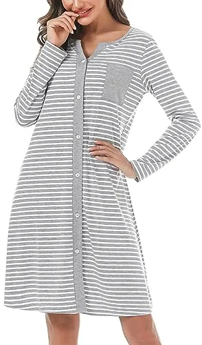 Marvmys Camisones de Mujer Algodón Largos Camisones Mujer Manga Corta a Rayas Camisón Mujer con Botones y Bolsillos Vestido Elegante Casual para Gris-Manga Larga M