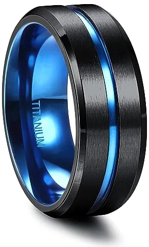 FIOROYAL Anillos de Titanio 8MM - Anillo Negro de Compromiso para Mujer y Hombre - Anillos de Pareja - Azul - Talla 24
