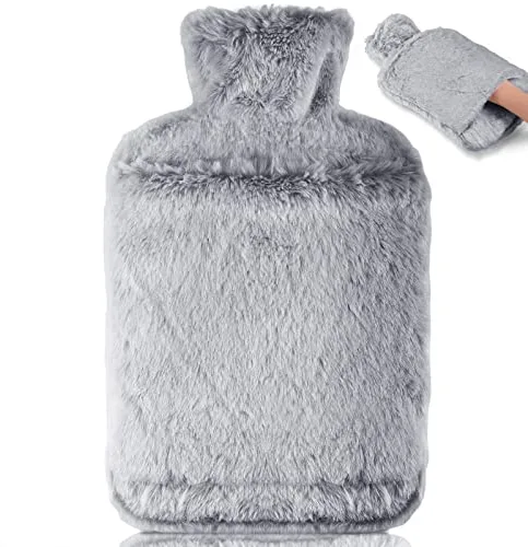BOLEi Bolsa De Agua Caliente Con Funda, Bolsa De Agua Caliente Peluche Con Bolsillo De Canguro, 2L, Regalos para hombres y mujeres (Gris)