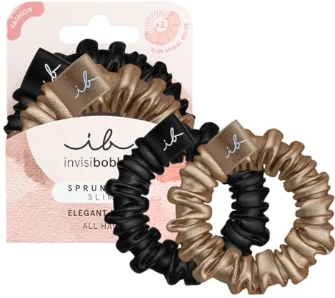 Invisibobble Sprunchie Slim coletero seda negro y dorado x2 - Scrunchie seda con goma de pelo en espiral al interior - Silk scrunchies suave con gran sujeción