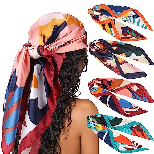 DRESHOW 4 Pack Pañuelos Satén Cuadrados Grandes Pelo Accesorios Seda de Playa Estampado Clásico para Mujer