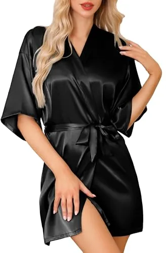 Lovasy Bata de Satén Mujer Verano Kimono Japones Sexy Novia Batas De Casa Mujer con Cinturón,Negro,S