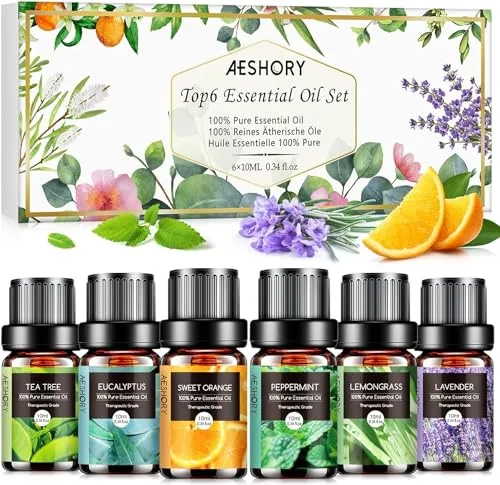AESHORY Aceites Esenciales para Humidificador TOP 6 x 10ML, Aceite Aromáticos Natural, Set de Aceites Esenciales Aromaterapia para Difusor, SPA - Lavanda, Menta, Árbol de Té, Eucalipto, Naranja Dulce
