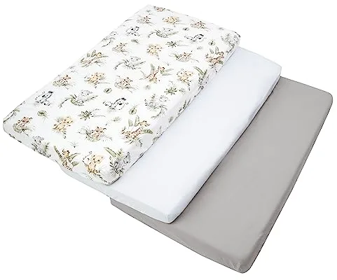 Medi Partners Sabana Bajera Cuna 60x120 Set de 3-100% Algodon Sabanas de Algodón Bebe Ropa de Cama para Bebés Dormir Cuna Fitted Bed Sheet Protector (Safari-Blanco-Gris)