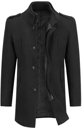 Allthemen Abrigo de invierno de lana para hombre con cuello alto Chaqueta corta de invierno Slim Fit Gabardina forrada informal Negro M