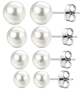 PLABBDPL 4 Pares Pendientes de Perlas de Plata 925 Cuentas de Perlas Pendiente de Gota para Las Mujeres Blanco Perlas de Agua Dulce Joyería del oído 4mm /6mm / 8mm / 10mm