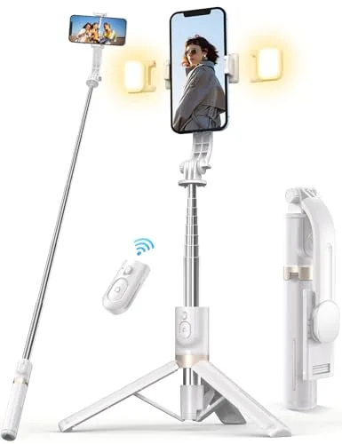 Palo Selfie Tripode Movil Bluetooth - 2 Luces Recargables, Trípode de Viaje Tripode para iPhone con Obturador Remoto, para Google, Samsung, Huawei y Más (Blanco)