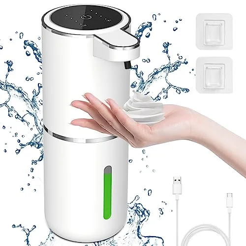 Cuteefun Dispensador Jabon Automático Espumoso, Pantalla de Potencia, 380ml Dispensador de Jabón Recargable, Dosificador Jabon Pared con Control de 4 Niveles, Dispensador de Jabón Eléctrico para Baño