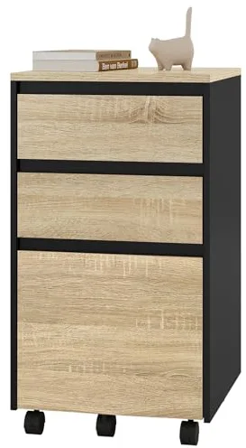 WOLTU Archivador Móvilcon 3 Cajones, Cajoneracon 5 RuedasMultiusos, Gabinete de Archivos Debajo del Escritorio para Documentos de Oficina, Roble Claro, 40x40x70cm, ASK01hei
