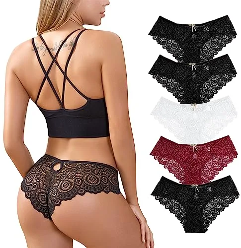 Zilams Tanga de Encaje Mujer Sexy Bragas Elástica Cintura Baja Ropa Interior Femenina Suave Slip Braguitas Culotte (M, A-5Pcs)