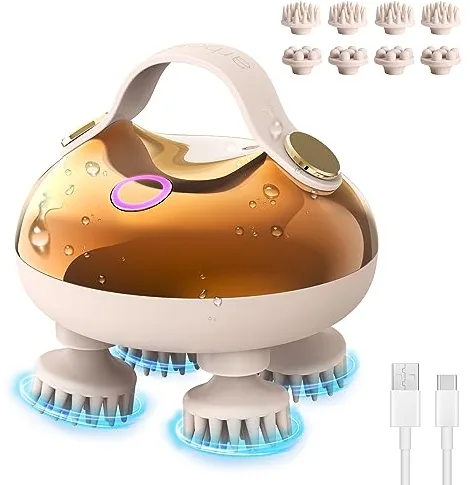 arboleaf Masajeador Cabeza Electrico Masajeador de Cuero Cabelludo y Cuerpo Portátil Recargable Impermeable IPX7 con 8 Cabezales de Masaje de Silicona, 3 Modos