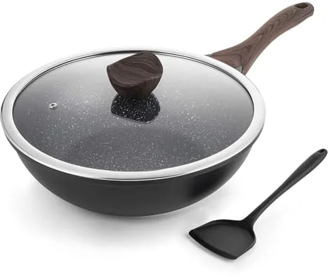 Kordisen Wok 30 cm, Wok de Inducción con Tapa, Revestimiento Antiadherente, Apto para Todo Tipo de Fuegos, Sin PFOA