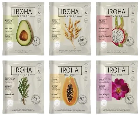 IROHA NATURE - KIT 6 Mascarillas Facial Tisú Natural Extracts | Cosmética Coreana | Aguacate, Árbol de Té, Rosa Mosqueta, Papaya, Pithaya y Avena