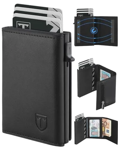 TEEHON Cartera Hombre de Cuero con Cierre Magnético, Tarjetero con Bloqueo RFID, Cartera Tarjetero Hombre pequeño para Crédito, Billetes y Monedas con Caja de Regalo, Negro