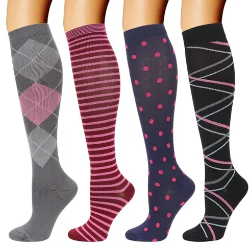 DRESHOW 4 Pares Calcetines de Compresión para Mujeres y Hombres Circulatorio Mejor Soporte para Atletismo, Running, Ciclismo, Viajar