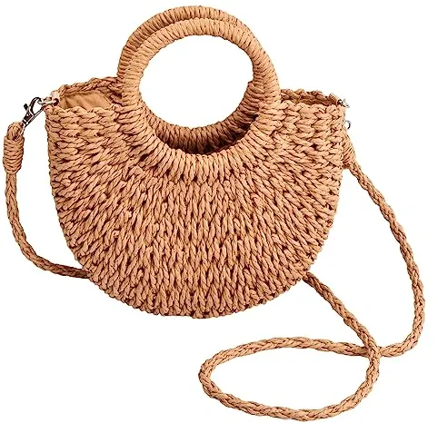 Wisebom Bolso de Playa de Paja para Mujer, Tejidos a Mano Bolso de Mano, Bolso de Mano Redondo de Ratán, Bolso Tejido Universal Con Tirantes para Los Hombros