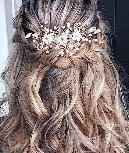 Brateuanoii Plata Nupcial Tocado, Tocado de Flores de Vid para Novia de Boda, Novia Cristal Boda Pelo Vid, Accesorios para el Cabello para Mujeres y Niñas