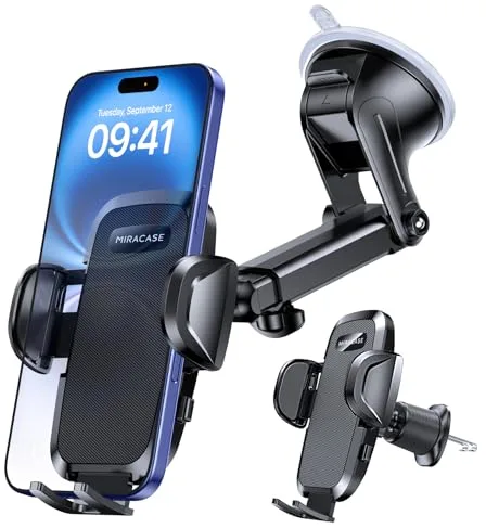 Miracase Soporte Movil Coche [Potente Ventosa& Gancho Doble Metálico] 3 in 1 Suporte Telemovel Carro para Parabrisas/Salpicadero/Ventilación de Aire, Soporte Teléfono Coche Universal para Smartphone
