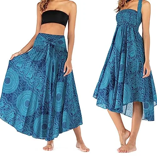 EleganteFalda Largo 2 en 1 para Mujer, Bohemia de Verano, Estilo Étnico, Larga Playa Maxi (Azul)