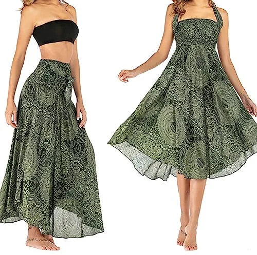 1Pcs EleganteFalda Largo 2 en 1 para Mujer, Bohemia de Verano, Estilo Étnico, Larga Bohemio Playa Maxi (Verde)