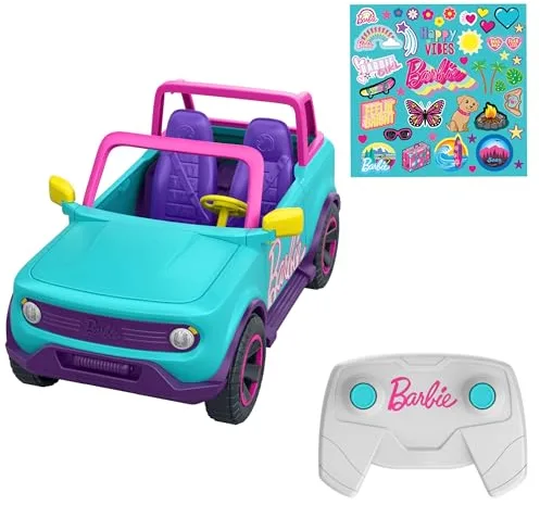 Hot Wheels Coche Teledirigido, Barbie SUV radiocontrol Coche de Juguete teledirigido con Mando para muñecas y Pegatinas, +5 años, HTP53