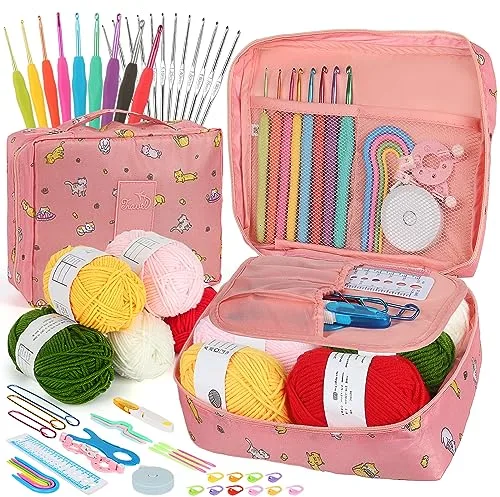 Coopay Kits de Ganchillo para Adultos Principiantes, Incluye Ganchos de Metal Ergonómicos de 0,6 mm a 6 mm, Accesorios de Tejido y Estuche de patrón de gato rosa, Juego de Tejido con Lana y Agujas