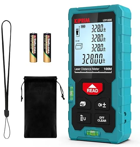 Medidor Láser 100M, Kiprim Láser Medidor Distancia con 2 Burbujas de Niveles in M/In/Ft, Telémetro Láser IP54 Herramienta de Medición Digital Portátil, Memorias 99 Datos, Pantalla LCD Retroiluminada