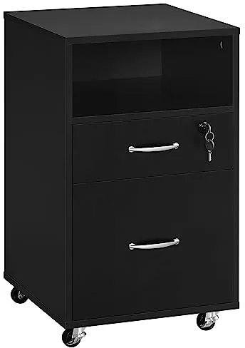 Yaheetech Cajonera Escritorio con Ruedas Cajonera de Oficina con 2 Cajones Archivador Móvil con Cerredura y Llave para Carta A4, Negro 40×40×65,5cm