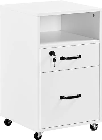 Yaheetech Cajonera Escritorio con Ruedas Cajonera de Oficina con 2 Cajones Mueble Archivador Móvil con Cerredura y Llave, Blanco para Carta A4 40×40×65,5cm