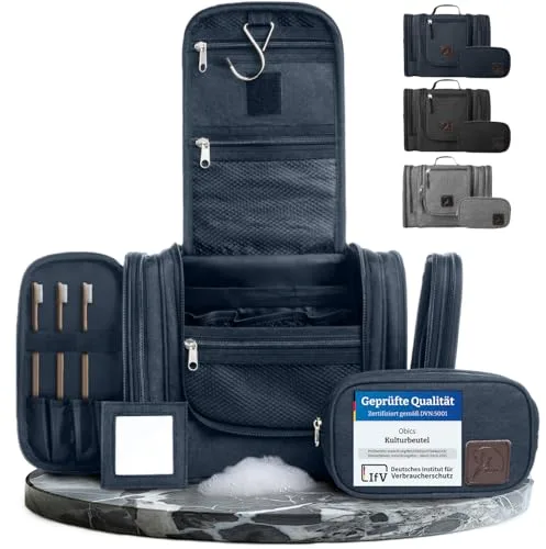 Obics® XXL Neceser de Viaje para Hombre y Mujer 8L (Grande) Azul - Bolsa de Aseo y cosméticos para artículos de tocador con asa (Colgante) - Neceser Maquillaje y baño para Viajes (10 Compartimentos)