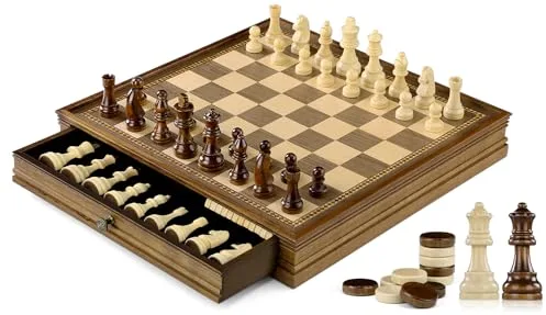 Peradix Ajedrez 2 En 1 Damas de Madera con Cajones,Juego Tablero Ajedrez Magnetico con 2 Reinas, Profesional Chess Board para Niños y Adultos,2 Jugadores(32×32cm)