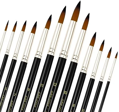 Juego de 12 Pinceles de Nailon para Artistas - Pintura Acrílica, Acuarela y Óleo - Color Negro