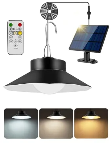 Sararoom Lámpara solares Colgantes LED, 500LM/4 Modo Luz Solar Exterior y Interior, IP65 Impermeable Luce Colgante con Mando, 3 Color/Timer/Sensor Crepuscular/Cable 5M para Jardín Garaje Terraza