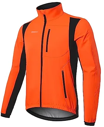 BERGRISAR Chaqueta Ciclismo Hombre Invierno Polar Termica Impermeable Cortavientos de MTB Bicicleta con 6 Bolsillos Naranja L