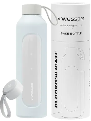 Wessper Botella de Agua Cristal, Botella 1 Litro Motivadora con Escala de Hidratación, Botellas de Vidrio Borosilicato con Funda de Silicona, Material Seguro sin BPA– Claro Azul