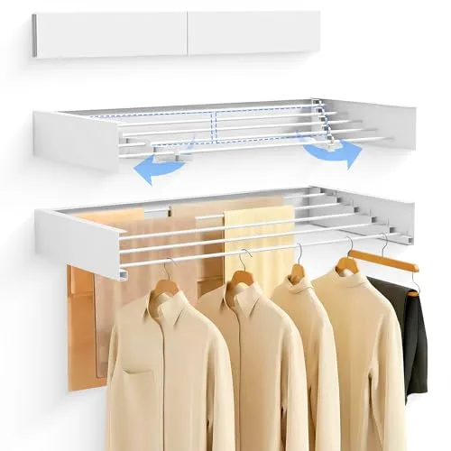 JUPPLIES Tendedero Pared Plegable Retractil 80cm - Tendederos Plegables de Pared para Interior o Exterior - Ahorra de Espacio con Diseño Compacto de 30 kg de Capacidad - (80cm, Blanco)