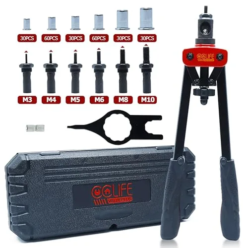 CCLIFE Remachadora de Tuercas Incluye 240 tuercas remachables M3 M4 M5 M6 M8 M10 Juego de tuercas remachables con pistola de tuercas de doble mango