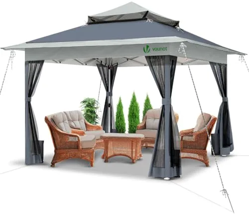 VOUNOT® Carpa Plegable Gazebo 3.6x3.6m con Laterales de Malla, Cenador Pabellón Pop Up de Jardín Techo Doble y Bolsas de Arena, Protección UV, para Camping, Fiestas, Exterior, Gris