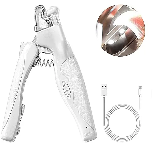 Cortaúñas para mascotas con luz LED para perros, gatos, recortadora de uñas y garras eléctricas, juego profesional seguro con atrapapuestas y lima de uñas, cuchillas afiladas de sensor rápido (Blanco)