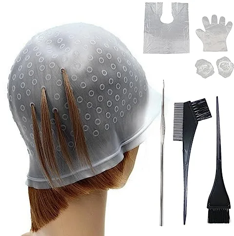 MIVAIUN 7 Piezas Gorro Mechas Peluqueria de Silicona Kit, Gorro Con Punta de Tinte Highlight Gorro Peluqueria con Peine Cepillos de Tinte Gancho Coloración Para Teñir Resaltado