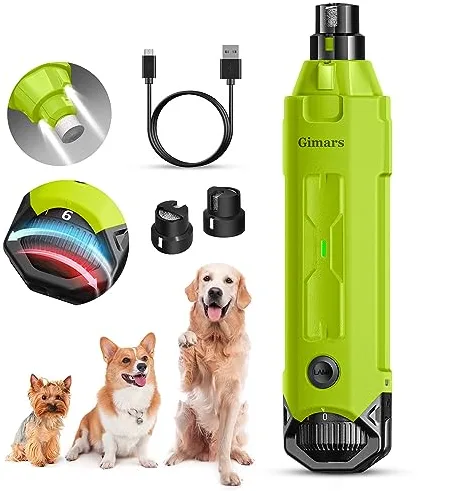 Gimars Lima De Uñas Eléctrica para Perros, Ajustable 6 Velocidades Cortador De Uñas Eléctrico, Cortauñas Electrico para Perros con Luz Led, Recargable Lima De Uñas De 3 Puertos para Perros Verde