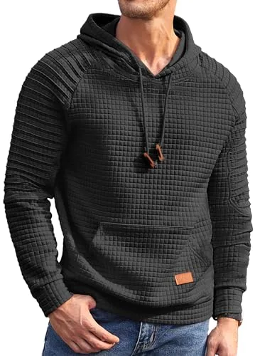 COOFANDY Sudadera con Capucha para Hombre, Informal, de Manga Larga, con Bolsillo Canguro, Color Liso, con Capucha, Color Negro, L