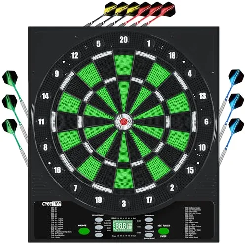 CyeeLife Diana Electrónica, Diana Electronica Profesional con 12 Dardos,24 Plumas,50 Puntas,2 Protectores de Plumas,34 Juegos 355 Variantes para 1 a 8 Jugadores,Adecuada para Fiestas de Juego