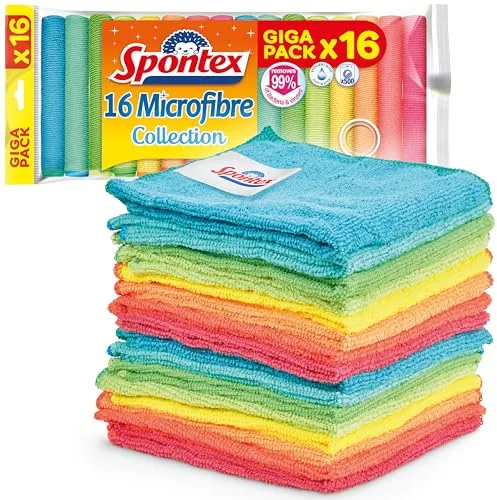 Spontex Paños de microfibra para limpieza | 16 bayetas Microfibre Collection | Para usar como trapos del polvo y paños de cocina | 30 x 30 cm | Colores surtidos | 16 unidades