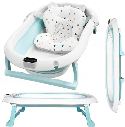 ALMAR Baby Bañera Plegable Bebé hasta 24 meses Azul Celeste con Termómetro Asiento Reductor para Recien Nacido con Patas Antideslizante Indicador de Temperatura Compacta