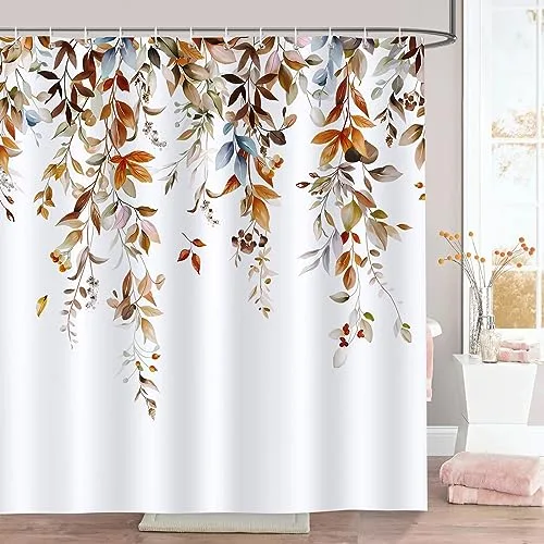 Bonhause Cortina de Ducha Hojas de Otoño Planta de Acuarela Marrón Cortina de Baño de Poliéster Impermeable Antimoho Lavable Cortina Ducha 180 x 180 cm con 12 Ganchos