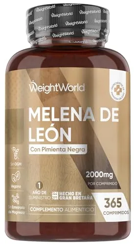 Melena de León 2000mg de Concentración 365 Comprimidos Veganos (1 Año de Suministro) - Extracto de Hongo Lions Mane o Hericium Erinaceus con Pimienta Negra, Sin OGM y Sin Gluten