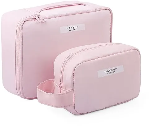 FIVAVA Neceser Maquillaje,2 Pcs Neceser Impermeable, Make Up Bag,Bolsa Aseo Mujer Portátil para Hogar Vacaciones Viaje (Rosa)
